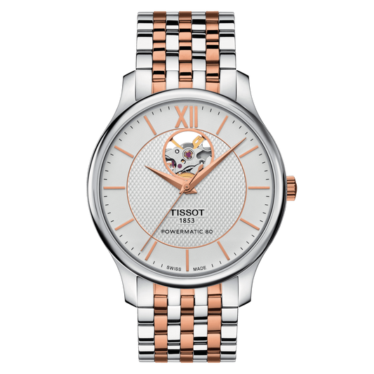 Tissot Men's Watch Tradition Powermatic 80 Open Heart Gold Rose Silver T0639072203801