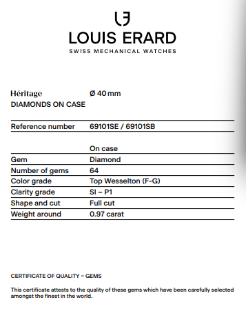 Louis Erard Watch Men's Automatic Heritage Diamond Mother of Pearl 69101SE04.BMA19