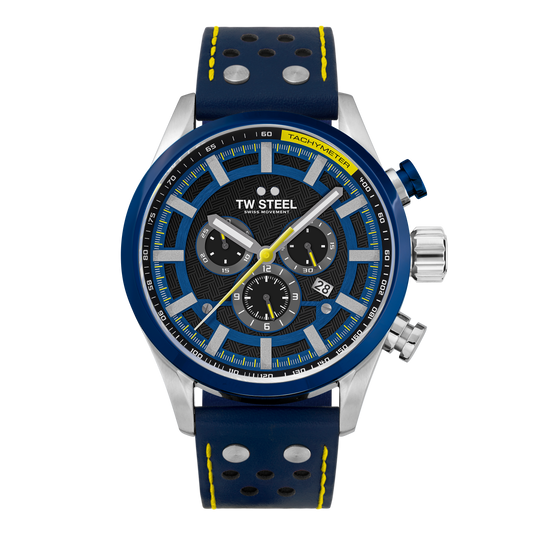 TW Steel Watch Men's Swiss Volante Chronograph Fast Lane Yellow Blue SVS208
